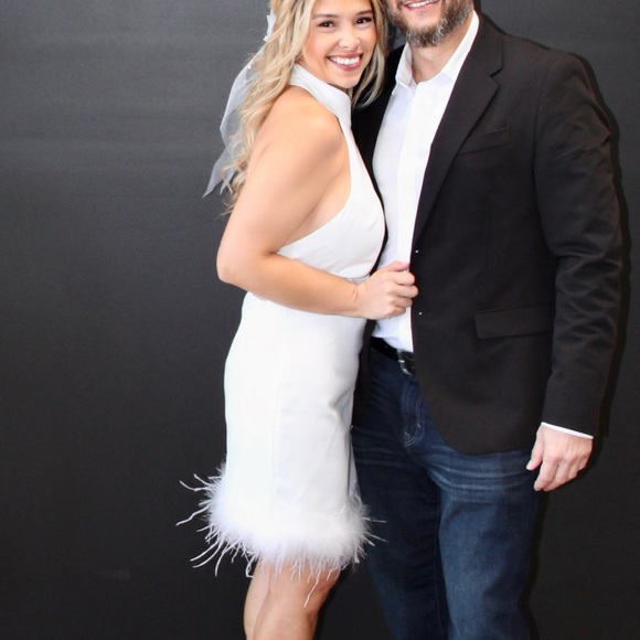 SHEIN BAE Fuzzy Trim Halter Neck Dress White - Picture 10 of 11